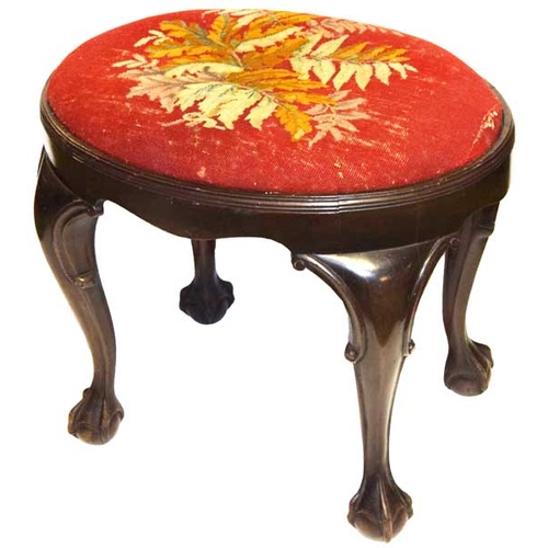 451 - A Queen Anne Style Oval Mahogany Stool, Tapestry Top, Ball Claw Feet