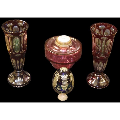 416 - A Pair of Ruby Coloured Vases, Ruby Oil Lamp Bowl etc