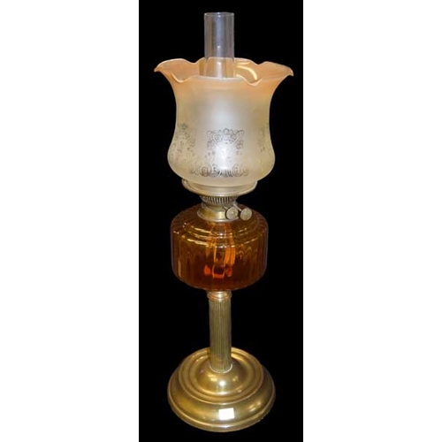 179 - A Brass Pillar Oil Lamp and Shade, Amber Bowl