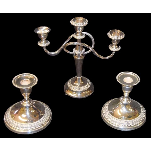 241 - A Pair of Silver Plated Candlesticks and a Similar Candelabra