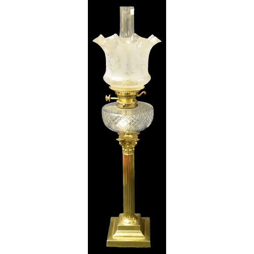 257 - A Corinthian Pillar Oil Lamp, Crystal Bowl and Etched Shade