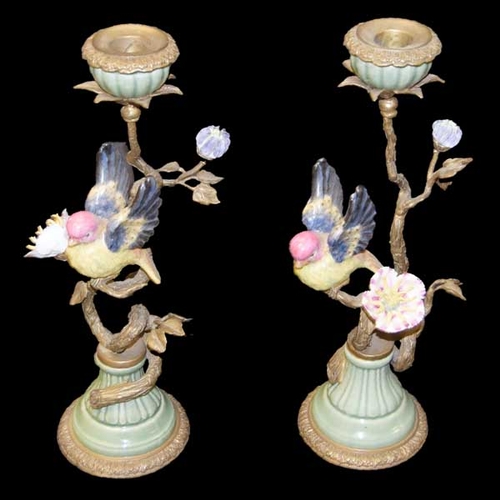 376 - A Pair of Very Similar Gilted Metal and Decorated Candlesticks