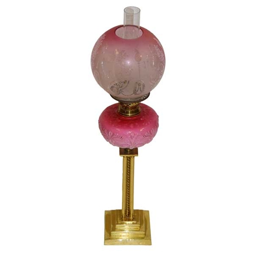 426 - A Brass Pillar Oil Lamp , Pink Bowl and Etched Glass Shade