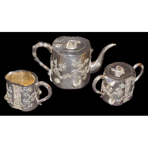 595 - A Very Nice and Unusual Three Piece Chinese Silver Tea Service