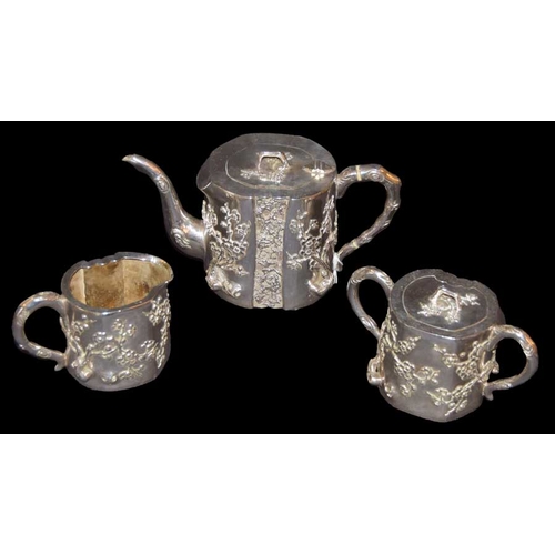 595 - A Very Nice and Unusual Three Piece Chinese Silver Tea Service