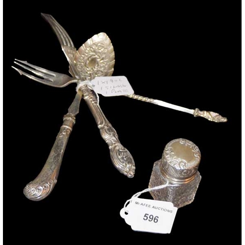 596 - A Silver Topped Bottle1906, a Silver Spoon etc