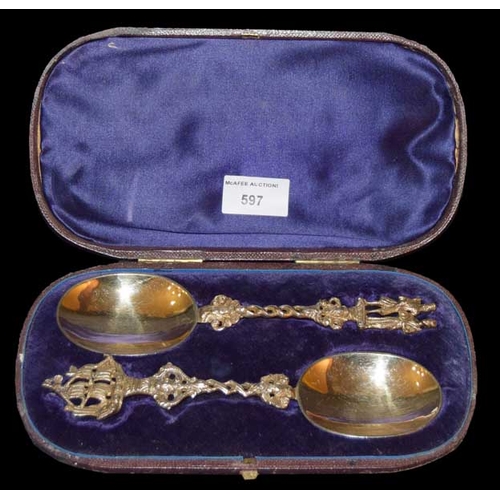 597 - A Superb Cased Pair Victorian Silver Gilt Marriage Spoons, London 1879, Daniel & John Wellby