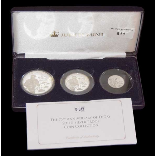 611 - A Rare Cased Limited Edition Set of Solid Silver Proof £5, £2 and £1 Coins -75th Anniversary of D-Da... 