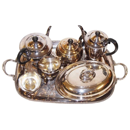 82 - A Four Piece Silver Plated Tea Service and Other Pieces on a Two Handled Gallery Tray