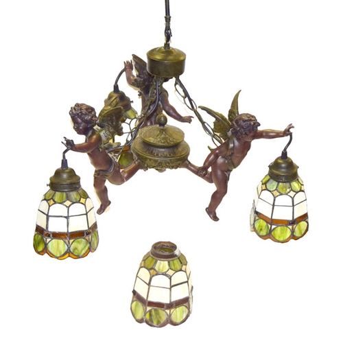 65 - A Very Good Bronzed Centre Light Fitting with Tiffany Glass Shades