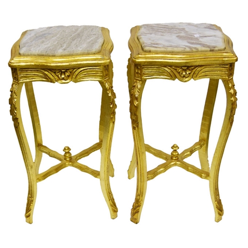 605 - A Very Good Pair of Gilted Plant Stands, Marble Insets