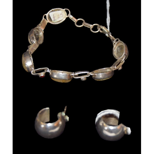 690 - A Silver Inset Bracelet and a Pair of Silver Earrings