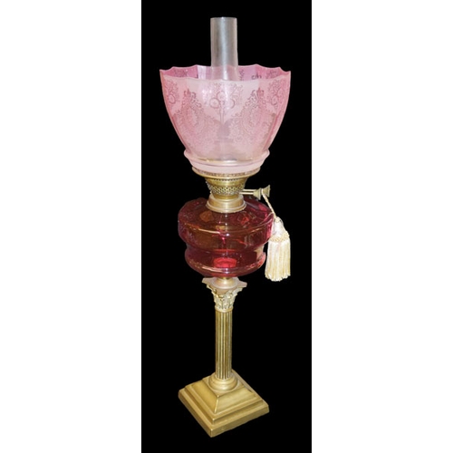 187 - A Corinthian Pillar Oil Lamp, Ruby Bowl and Etched Shade