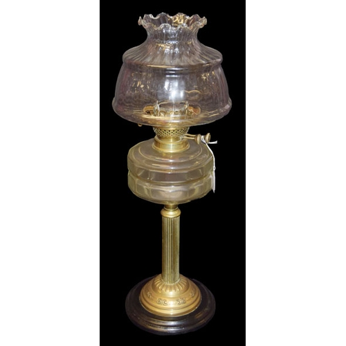 194 - A Brass Pillar Oil Lamp, Clear Glass Bowl and Shade