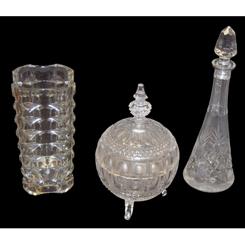 246 - A Crystal Vase, Decanter and a Lidded Jar