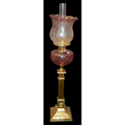 255 - A Brass Pillar Oil Lamp Coloured Bowl and Etched Shade