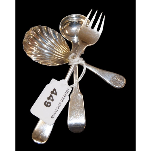 449 - A Shell Bowl Caddy Spoon, Pickle Fork, Dublin 1814 and Mustard Spoon, Edinburgh 1858