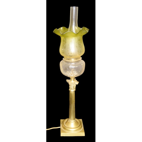 160 - A Tall Brass Corinthian Pillar, Electrified Oil Lamp and Shade