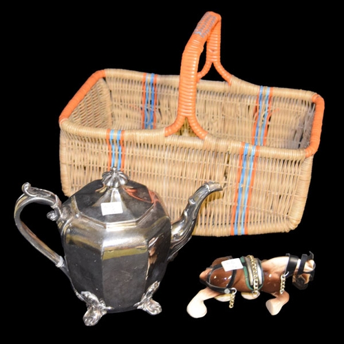 179 - An Old Shopping Basket, Silver Plated Teapot and A Figurine of A Horse