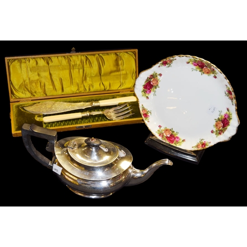 286 - A Sundry Lot of A Good Carving Set, Silver Plated Teapot and A Royal Albert Plate