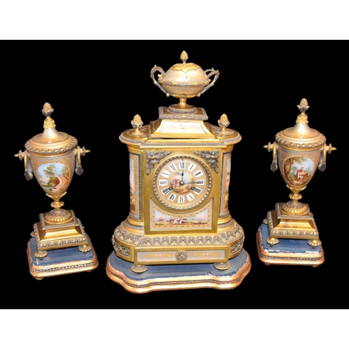 335 - A Very Nice Gilt Metal and Porcelain Panel Three Piece Clock Set