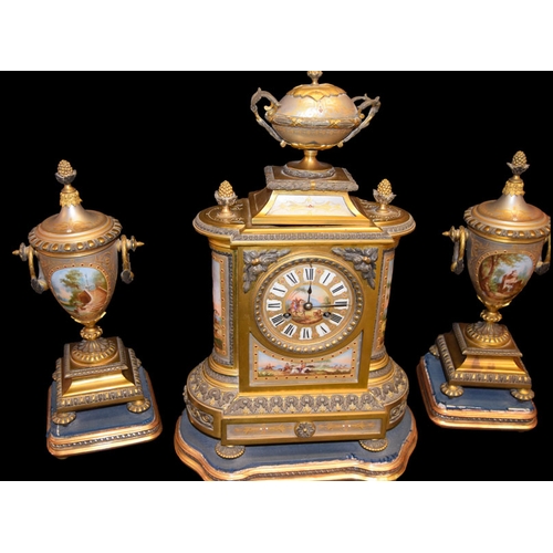 335 - A Very Nice Gilt Metal and Porcelain Panel Three Piece Clock Set