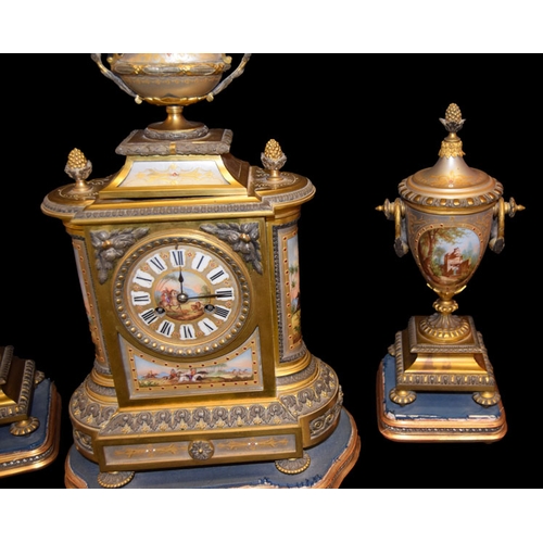 335 - A Very Nice Gilt Metal and Porcelain Panel Three Piece Clock Set