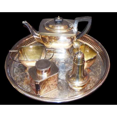 339 - A Three Piece Silver Plated Tea Service and Other Pieces on A Gallery Tray