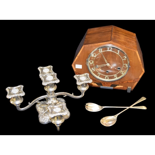 41 - An Art Deco Mantle Clock, Candelabra and Two Serving Spoons