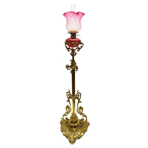 420 - An Ornate Brass Victorian Standard Oil Lamp With Ruby Bowl, Etched Victorian Ruby Oil Lamp Shade