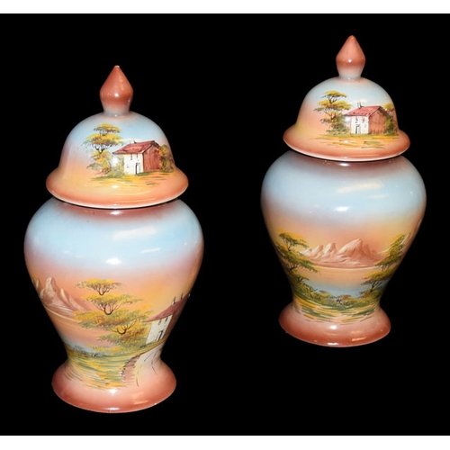 475 - A Very Nice Pair of Hand Painted and Decorated Lidded Vases