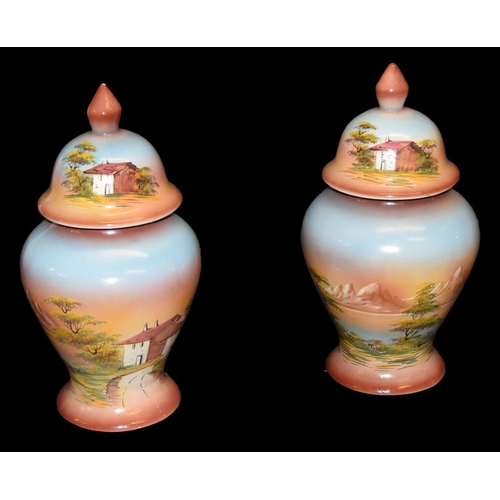 475 - A Very Nice Pair of Hand Painted and Decorated Lidded Vases