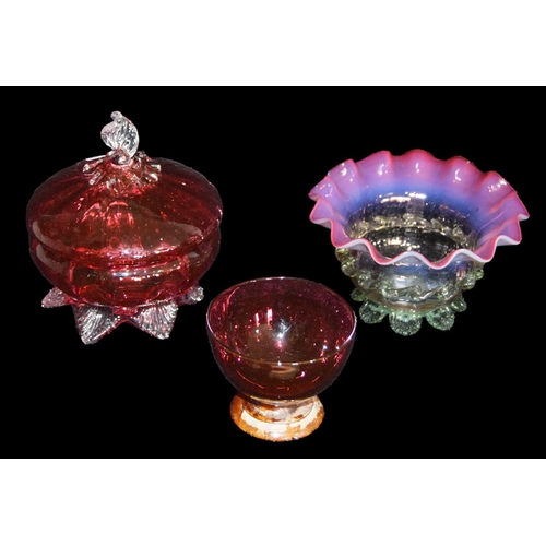 7 - Three Victorian Ruby Glass Bowls and A Small Vase