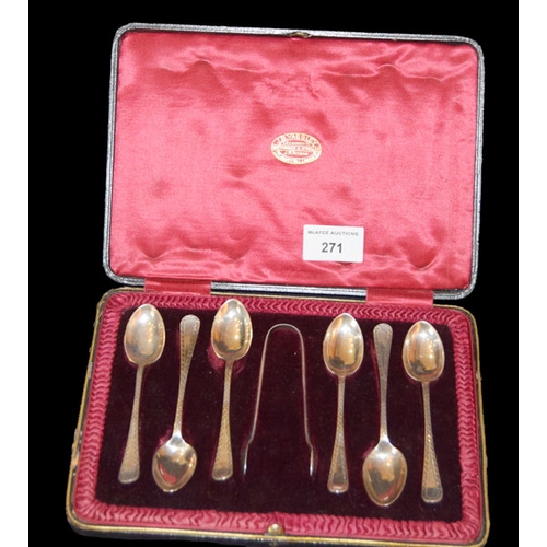 271 - A Set of Six Silver Tea Spoons and Tongs, Sheffield 1916