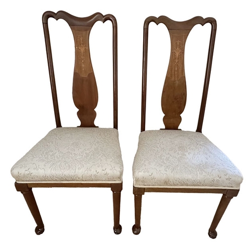 43 - A Pair of Cherrywood High Back Inlaid Upholstered Chairs