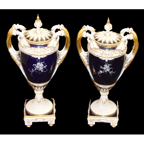 45 - A Pair of Turn Teplitz Bohemia Blue/White/Gold China Austro-Hungarian/Habsburg Empire Urns with Lids... 