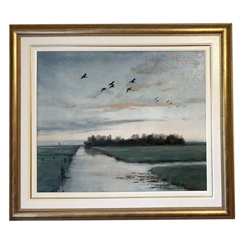 50 - A Gilt Framed Oil Painting 'Ducks Returning to the Decoy at Daybreak' - Sir Peter Scott 1947 (25''x ... 