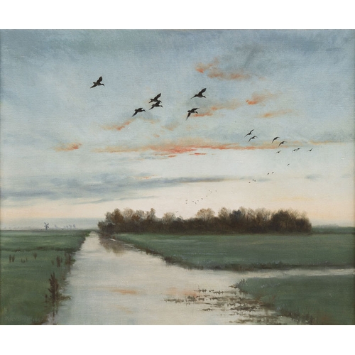 50 - A Gilt Framed Oil Painting 'Ducks Returning to the Decoy at Daybreak' - Sir Peter Scott 1947 (25''x ... 