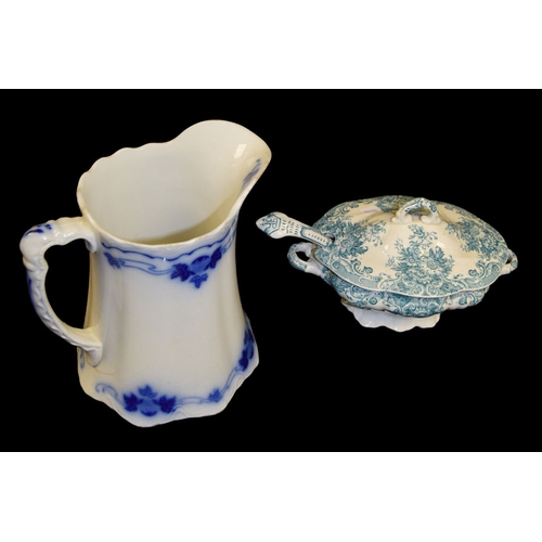 328 - A Tureen Dish with Lid and Ladle and an Old Blue and White Jug