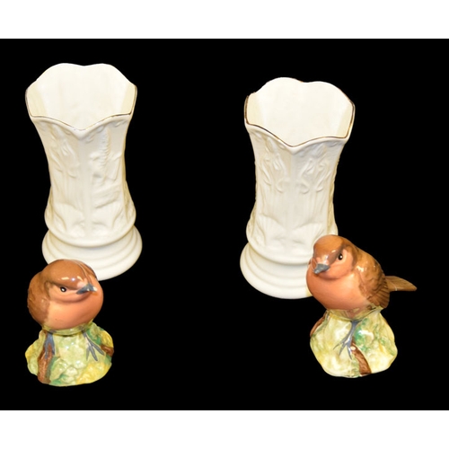 355 - A Pair of Belleek Vases and Two Beswick Birds