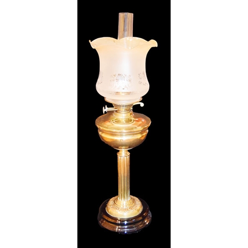 480 - A Brass Pillar Oil Lamp with Etched Shade