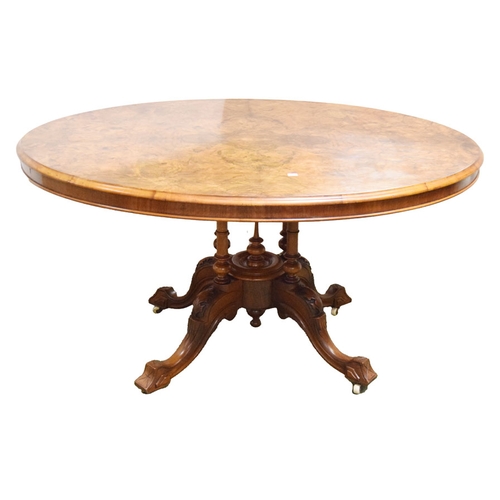 604 - A Very Nice Burr Walnut Breakfast Table, Carved Centre Pedestal