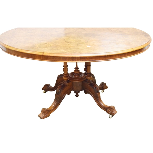 604 - A Very Nice Burr Walnut Breakfast Table, Carved Centre Pedestal