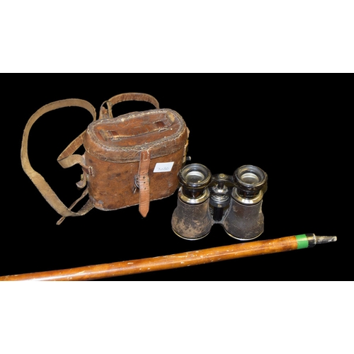 363 - An Early Set of Leather Field Glasses In Their Leather Case and a Part Riding Crop