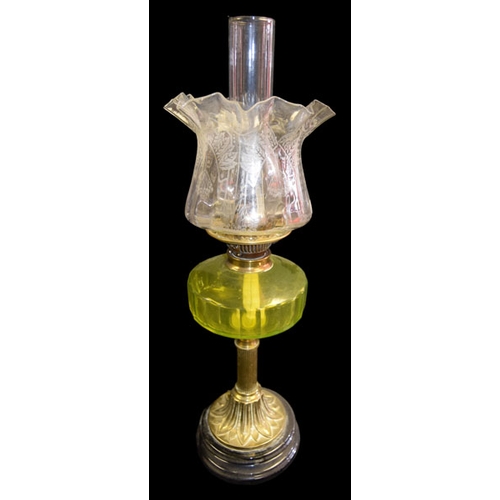 150 - An Oil Lamp, Coloured Glass Bowl and Etched Shade