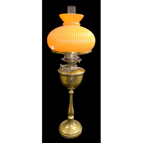 161 - A Tall Brass Pillar Oil Lamp, Etched Shade