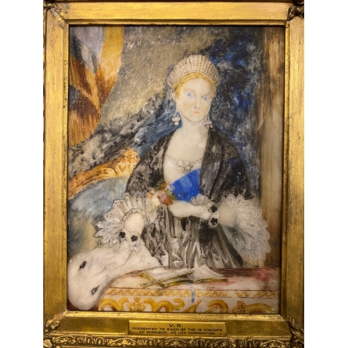 30 - Watercolour on Marble of a Young Queen Victoria at the Opera in an Ornate Gilt Plaster Frame, Attrib... 