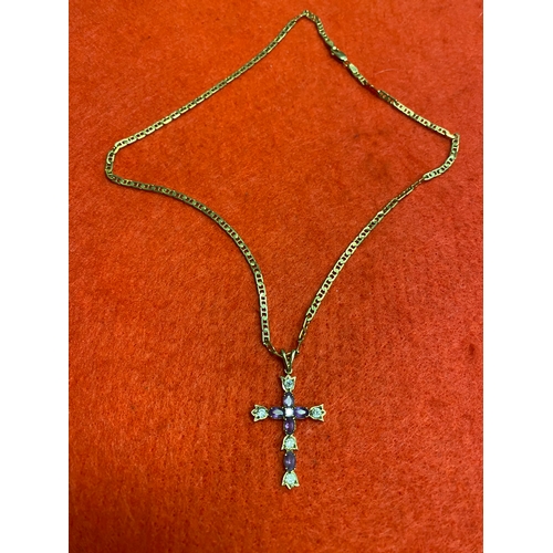 49 - 9ct gold chain and crucifix, featuring CZ's and purple stones (possibly amethyst) 8.5g total weight