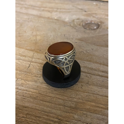 69 - White Metal Ring with Amber Glass Oval, size T