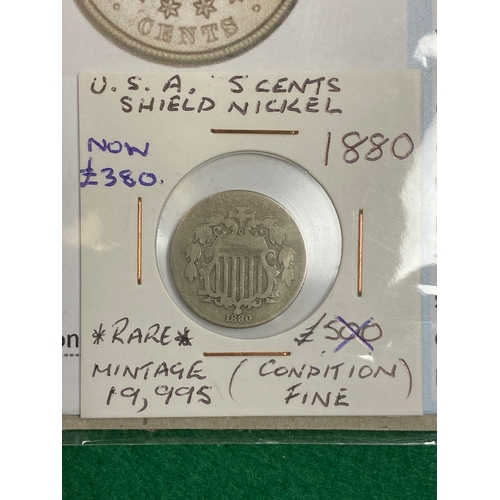 80 - 1880 U.S.A. 5 Cents Shield Nickel RARE Low (19995) Mintage, Fine